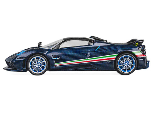 Pagani Huayra Tricolore Blue Carbon Metallic with Black Carbon Top and Italian Flag Stripes 1/64 Diecast Model Car by CM Model Pagani Huayra Tricolore Blue Carbon Metallic with Black Carbon Top and Italian Flag Stripes 1/64 Diecast Model Car by CM Model