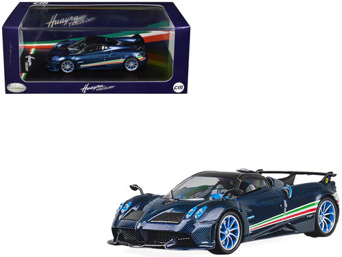 Pagani Huayra Tricolore Blue Carbon Metallic with Black Carbon Top and Italian Flag Stripes 1/64 Diecast Model Car by CM Model Pagani Huayra Tricolore Blue Carbon Metallic with Black Carbon Top and Italian Flag Stripes 1/64 Diecast Model Car by CM Model