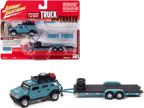 OPEN BOX 2004 Hummer H2 Ocean Blue with Open Trailer Limited Edition to 6012 pieces Worldwide "Truck and Trailer" Series 1/64 Diecast Model Car by Johnny Lightning OPEN BOX 2004 Hummer H2 Ocean Blue with Open Trailer Limited Edition to 6012 pieces Worldwide "Truck and Trailer" Series 1/64 Diecast Model Car by Johnny Lightning