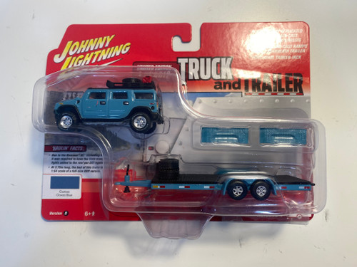 OPEN BOX 2004 Hummer H2 Ocean Blue with Open Trailer Limited Edition to 6012 pieces Worldwide "Truck and Trailer" Series 1/64 Diecast Model Car by Johnny Lightning OPEN BOX 2004 Hummer H2 Ocean Blue with Open Trailer Limited Edition to 6012 pieces Worldwide "Truck and Trailer" Series 1/64 Diecast Model Car by Johnny Lightning