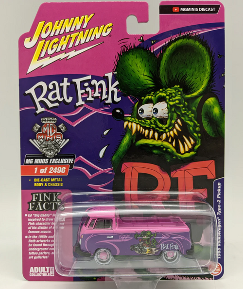 1/64 Johnny Lightning 1965 Volkswagen Type-2 Pickup Rat Fink (Pink) Diecast Car Model 1/64 Johnny Lightning 1965 Volkswagen Type-2 Pickup Rat Fink (Pink) Diecast Car Model
