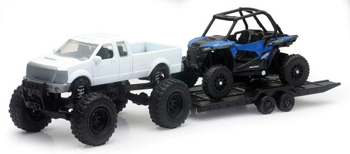1/43 New Ray Xtreme Off-Road Polaris RZR XP Turbo (Blue) with Lifted Truck (White) & Trailer Diecast Models 1/43 New Ray Xtreme Off-Road Polaris RZR XP Turbo (Blue) with Lifted Truck (White) & Trailer Diecast Models