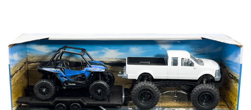 1/43 New Ray Xtreme Off-Road Polaris RZR XP Turbo (Blue) with Lifted Truck (White) & Trailer Diecast Models 1/43 New Ray Xtreme Off-Road Polaris RZR XP Turbo (Blue) with Lifted Truck (White) & Trailer Diecast Models