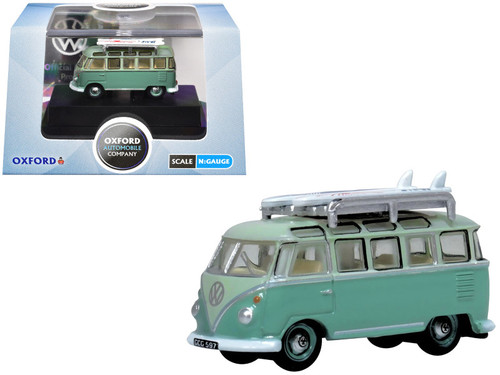 Volkswagen T1 Samba Bus RHD (Right Hand Drive) Green Two-Tone with Surfboards on Roof Rack 1/148 (N) Scale Diecast Model Car by Oxford Diecast Volkswagen T1 Samba Bus RHD (Right Hand Drive) Green Two-Tone with Surfboards on Roof Rack 1/148 (N) Scale Diecast Model Car by Oxford Diecast