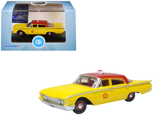 1960 Ford Fairlane Sedan "NYC Taxi" Yellow with Red Top and Interior 1/87 (HO) Scale Diecast Model Car by Oxford Diecast 1960 Ford Fairlane Sedan "NYC Taxi" Yellow with Red Top and Interior 1/87 (HO) Scale Diecast Model Car by Oxford Diecast