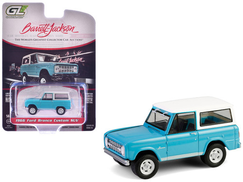 1966 Ford Bronco Custom SUV Turquoise Blue with White Top "Barrett-Jackson" Series 15 1/64 Diecast Model Car by Greenlight 1966 Ford Bronco Custom SUV Turquoise Blue with White Top "Barrett-Jackson" Series 15 1/64 Diecast Model Car by Greenlight