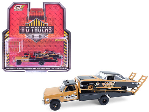 1985 Dodge Ram D350 Ramp Truck and 1965 Dodge Coronet "Hotton Speed Shop" Brown and Black "H.D. Trucks" Series 26 1/64 Diecast Model Cars by Greenlight 1985 Dodge Ram D350 Ramp Truck and 1965 Dodge Coronet "Hotton Speed Shop" Brown and Black "H.D. Trucks" Series 26 1/64 Diecast Model Cars by Greenlight