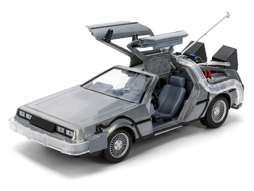 DeLorean Brushed Metal Time Machine with Lights "Back to the Future" (1985) Movie "40th Anniversary" Special Packaging "Hollywood Rides" Series 1/24 Diecast Model Car by Jada DeLorean Brushed Metal Time Machine with Lights "Back to the Future" (1985) Movie "40th Anniversary" Special Packaging "Hollywood Rides" Series 1/24 Diecast Model Car by Jada