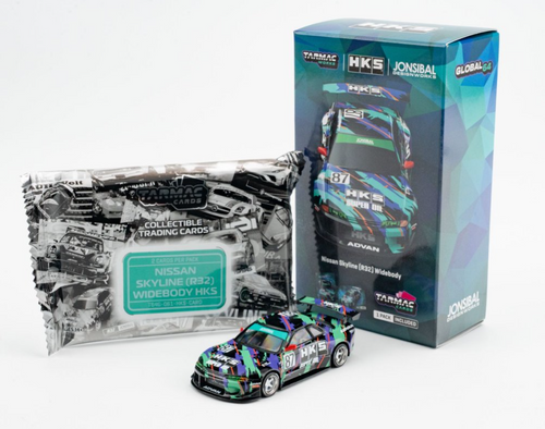 1/64 Tarmac Works Nissan Skyline (R32) Widebody HKS Car Model with 1 Pack of 2 Collectible Trading Cards Combo