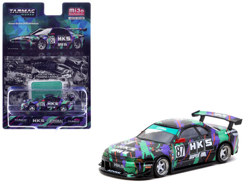 1/64 Tarmac Works Nissan Skyline (R32) Widebody HKS Car Model with 1 Pack of 2 Collectible Trading Cards Combo