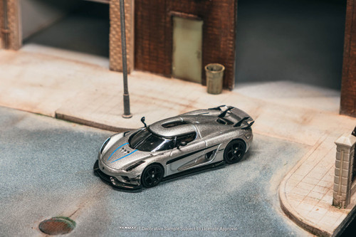 1/64 Tarmac Works Koenigsegg Regera (Silver Metallic with Blue Accents) Car Model with 1 Pack of 2 Collectible Trading Cards Combo 1/64 Tarmac Works Koenigsegg Regera (Silver Metallic with Blue Accents) Car Model with 1 Pack of 2 Collectible Trading Cards Combo