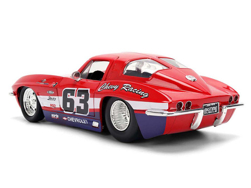 1963 Chevrolet Corvette Stingray #63 "Chevy Racing" Red with White and Blue Stripes "Bigtime Muscle" Series 1/24 Diecast Model Car by Jada 1963 Chevrolet Corvette Stingray #63 "Chevy Racing" Red with White and Blue Stripes "Bigtime Muscle" Series 1/24 Diecast Model Car by Jada