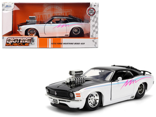 1970 Ford Mustang Boss 429 Black and White with Graphics "Bigtime Muscle" Series 1/24 Diecast Model Car by Jada 1970 Ford Mustang Boss 429 Black and White with Graphics "Bigtime Muscle" Series 1/24 Diecast Model Car by Jada