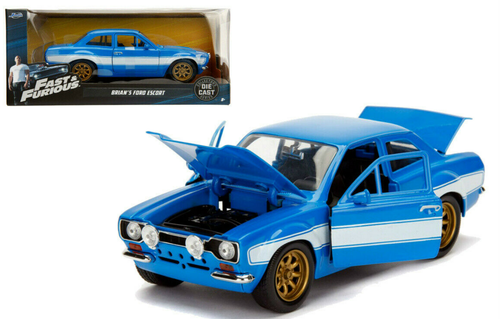 1/24 Jada 1970 Brian's Ford Escort Blue with White Stripes "Fast & Furious" Movie Diecast Model Car