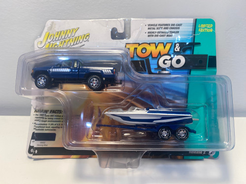 OPEN BOX AS-IS 1/64 Johnny Lightning 1985 Toyota SR5 Pickup with Malibu Speed Boat Trailer (Blue) Diecast Models OPEN BOX AS-IS 1/64 Johnny Lightning 1985 Toyota SR5 Pickup with Malibu Speed Boat Trailer (Blue) Diecast Models