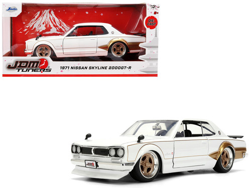 1971 Nissan Skyline 2000GT-R RHD (Right Hand Drive) White with Gold Graphics "JDM Tuners" Series 1/24 Diecast Model Car by Jada 1971 Nissan Skyline 2000GT-R RHD (Right Hand Drive) White with Gold Graphics "JDM Tuners" Series 1/24 Diecast Model Car by Jada