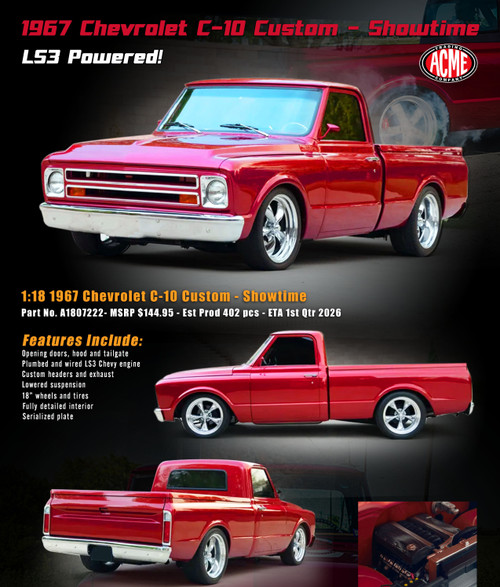 1/18 ACME 1967 Chevrolet C-10 Custom Showtime (Red) Diecast Car Model 1/18 ACME 1967 Chevrolet C-10 Custom Showtime (Red) Diecast Car Model