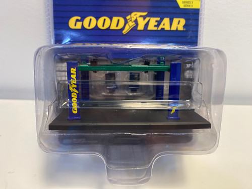 CHASE 1/64 Greenlight Adjustable Four-Post Lift "Goodyear Tires" Blue & Yellow "Four-Post Lifts" Series 3 Diecast Model CHASE 1/64 Greenlight Adjustable Four-Post Lift "Goodyear Tires" Blue & Yellow "Four-Post Lifts" Series 3 Diecast Model