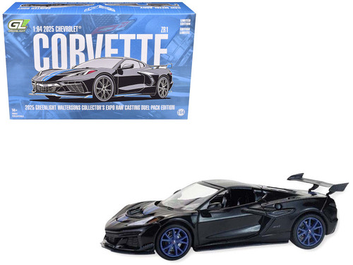 2025 Chevrolet Corvette C8 ZR1 Black with Blue Stripes with Raw Casting Dual Pack "2025 Greenlight Waltersons Collector's Expo Exclusive" 1/64 Diecast Model Car by Greenlight 2025 Chevrolet Corvette C8 ZR1 Black with Blue Stripes with Raw Casting Dual Pack "2025 Greenlight Waltersons Collector's Expo Exclusive" 1/64 Diecast Model Car by Greenlight