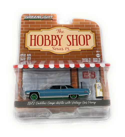 CHASE CAR 1/64 Greenlight 1972 Cadillac Coupe DeVille (Blue with Black Top) & Vintage Gas Pump "The Hobby Shop" Series 13 Diecast Car Model CHASE CAR 1/64 Greenlight 1972 Cadillac Coupe DeVille (Blue with Black Top) & Vintage Gas Pump "The Hobby Shop" Series 13 Diecast Car Model
