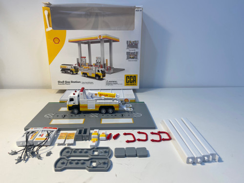 OPEN BOX AS-IS MISSING ONE CAR 1/64 Shell Gas Station Playset Diorama with Volvo Oil Tanker & Volvo Tow Truck OPEN BOX AS-IS MISSING ONE CAR 1/64 Shell Gas Station Playset Diorama with Volvo Oil Tanker & Volvo Tow Truck