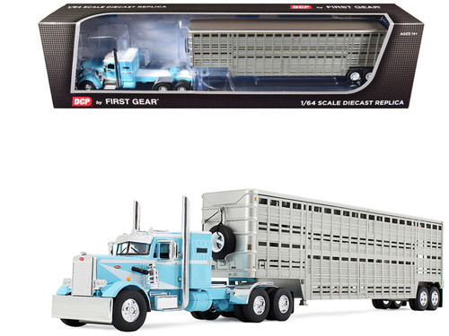 1/64 First Gear Peterbilt Model 351 (Blue) with 36” Vintage Sleeper & 45’ Wilson Vintage Livestock Trailer Diecast Model