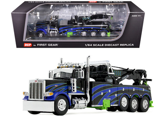 1/64 First Gear Peterbilt Model 389 Day Cab with Miller Century Model 1150 Rotator Wrecker (Black, Green & Blue) Diecast Model
