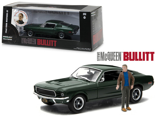 1968 Ford Mustang GT Fastback Green Steve McQueen "Bullitt" Movie (1968) with Steve Mcqueen Figurine 1/43 Diecast Model Car by Greenlight