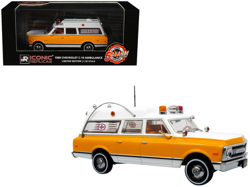 1969 Chevrolet C-10 Ambulance "Rampart General Hospital" White and Yellow "5 Alarm" Series Limited Edition 1/50 Diecast Model by Iconic Replicas 1969 Chevrolet C-10 Ambulance "Rampart General Hospital" White and Yellow "5 Alarm" Series Limited Edition 1/50 Diecast Model by Iconic Replicas