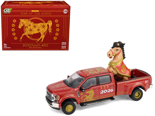 1/64 Greenlight 2022 Ford F-450 Chinese Zodiac 2026 Year of the Horse with Horse Accessory (Red) Diecast Car Model