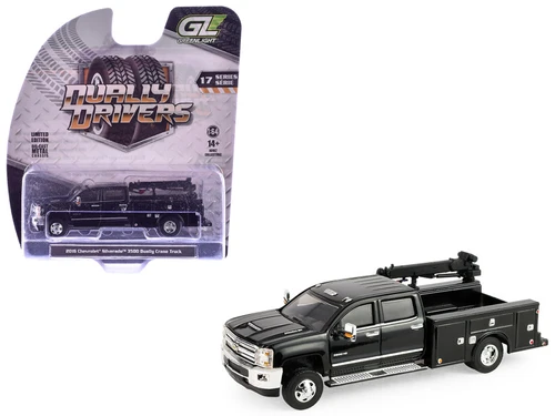 1/64 Greenlight 2016 Chevrolet Silverado 3500 Dually Crane Truck (Black) Diecast Car Model