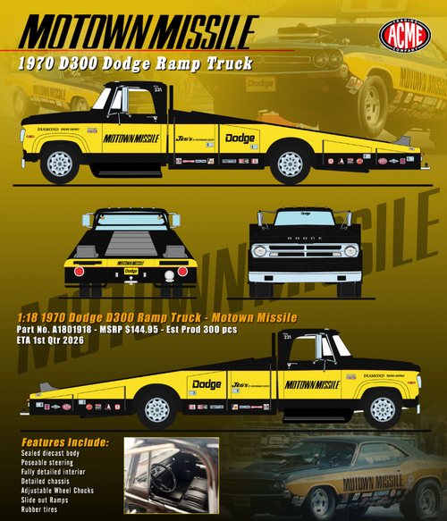 1/18 ACME 1970 Dodge D-300 Ramp Truck Motown Missile Diecast Car Model 1/18 ACME 1970 Dodge D-300 Ramp Truck Motown Missile Diecast Car Model