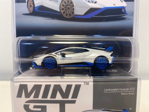 CHASE CAR 1/64 Mini GT Lamborghini Huracán STO (Bianco Asopo White with Blue Wheels) Diecast Car Model CHASE CAR 1/64 Mini GT Lamborghini Huracán STO (Bianco Asopo White with Blue Wheels) Diecast Car Model