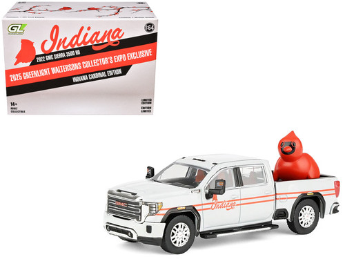 2022 GMC Sierra 3500 HD Pickup Truck "Indiana Cardinals" Silver Metallic with Red Stripes and Cardinal Figure "2025 Greenlight Waltersons Collector's Expo Exclusive" 1/64 Diecast Model Car by Greenlight 2022 GMC Sierra 3500 HD Pickup Truck "Indiana Cardinals" Silver Metallic with Red Stripes and Cardinal Figure "2025 Greenlight Waltersons Collector's Expo Exclusive" 1/64 Diecast Model Car by Greenlight