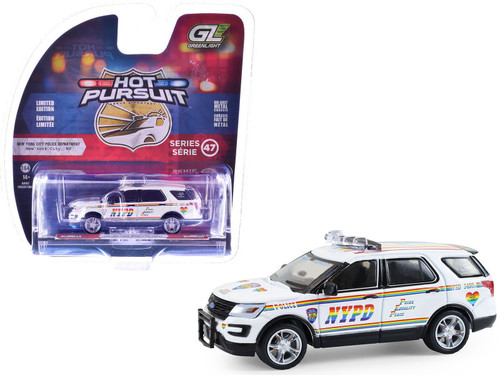 2016 Ford Police Interceptor Utility "New York Police Department (NYPD) Pride Livery" White with Rainbow Stripes "Hot Pursuit" Series 47 1/64 Diecast Model Car by Greenlight 2016 Ford Police Interceptor Utility "New York Police Department (NYPD) Pride Livery" White with Rainbow Stripes "Hot Pursuit" Series 47 1/64 Diecast Model Car by Greenlight