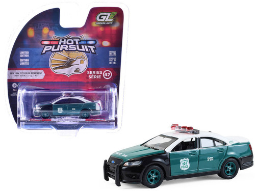 2014 Ford Taurus "New York Police Department (NYPD) Vintage Tribute Livery" Green and Black with White Top "Hot Pursuit" Series 47 1/64 Diecast Model Car by Greenlight 2014 Ford Taurus "New York Police Department (NYPD) Vintage Tribute Livery" Green and Black with White Top "Hot Pursuit" Series 47 1/64 Diecast Model Car by Greenlight