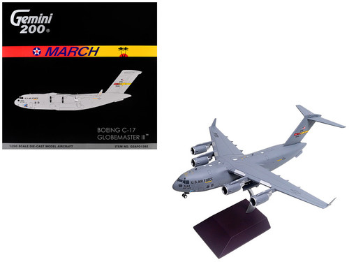 Boeing C-17 Globemaster III Transport Aircraft "March Air Reserve Base" United States Air Force "Gemini 200" Series 1/200 Diecast Model Airplane by GeminiJets Boeing C-17 Globemaster III Transport Aircraft "March Air Reserve Base" United States Air Force "Gemini 200" Series 1/200 Diecast Model Airplane by GeminiJets