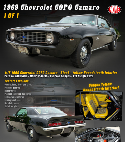 1/18 ACME 1969 Chevrolet COPO Camaro (Black with Unique Yellow Houndstooth Interior) Diecast Car Model 1/18 ACME 1969 Chevrolet COPO Camaro (Black with Unique Yellow Houndstooth Interior) Diecast Car Model
