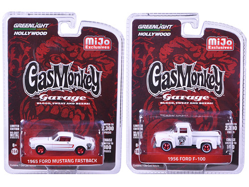 1956 Ford F-100 Pickup Truck and 1965 Ford Mustang Fastback White Set of 2 Cars "Gas Monkey Garage" (2012-Current TV Series) 1/64 Diecast Model Cars by Greenlight