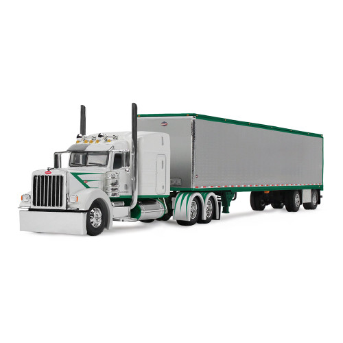 1/64 First Gear Peterbilt Model 389 (White & Green) with 63” Mid-Roof Sleeper & 53’ Utility Trailer Diecast Car Model