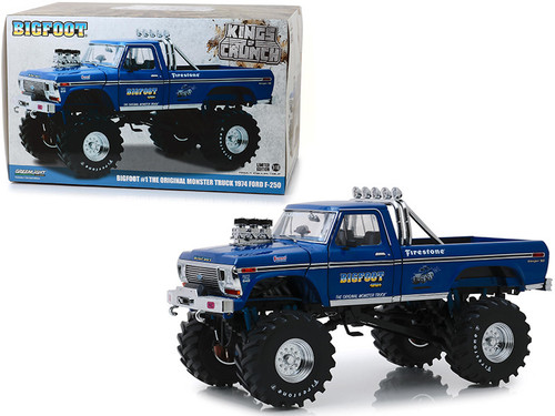 1/18 Greenlight 1974 Ford F-250 Bigfoot #1 The Original Monster Truck Blue with 48-Inch Tires "Kings of Crunch" Diecast Car Model