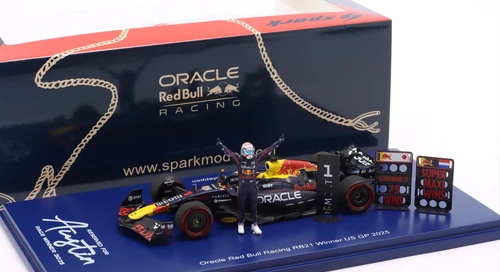 1/43 Spark Red Bull Racing RB21 No.1 Oracle Red Bull Racing Winner US GP 2025 Max Verstappen With pit boards & bigger base Car Model