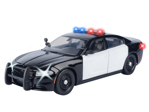 2023 Dodge Charger Pursuit Police Car Black and White with Flashing Light Bar Front and Rear Lights and 2 Sounds "Builder's Kit" 1/24 Diecast Model Car by Motormax