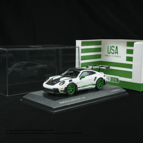 1/64 Minichamps 2023 Porsche 911 992 GT3 RS Weissach Package Tribute to America (White with Green Wheels) Diecast Car Model