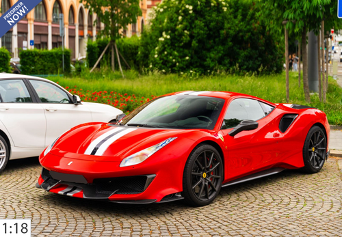 1/18 BBR Ferrari 488 Pista (Rosso Corsa Red with Carbon Fiber Rims & Spoiler) Car Model