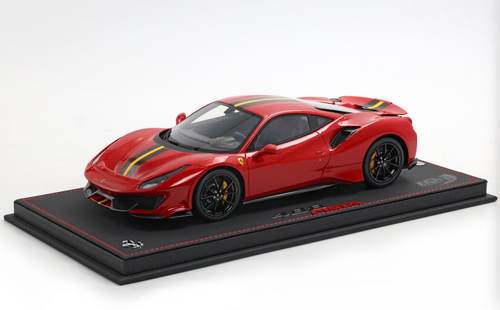 1/18 BBR Ferrari 488 Pista (Rosso Corsa Red with Carbon Fiber Rims & Yellow Strips) Car Model