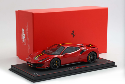 1/18 BBR Ferrari 488 Pista (Rosso Corsa Red with Carbon Fiber Rims & Yellow Strips) Car Model