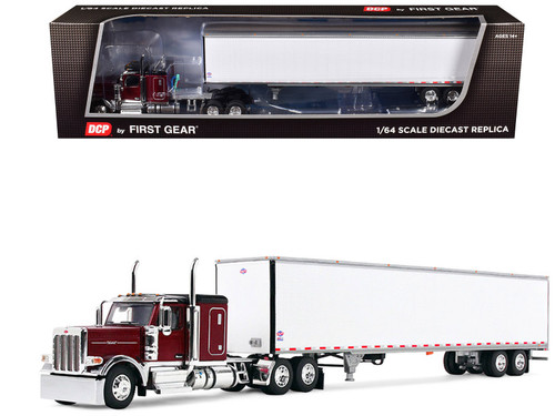 1/64 First Gear Peterbilt Model 589 with 58” Flat Top Sleeper (Red) & 53’ Utility Trailer Diecast Car Model