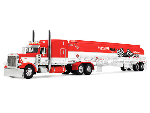 Peterbilt 389 with 63" Mid-Roof Sleeper and Heil Fuel Tank Trailer "Busted Knuckle Garage" Red and White 1/64 Diecast Model by DCP/First Gear