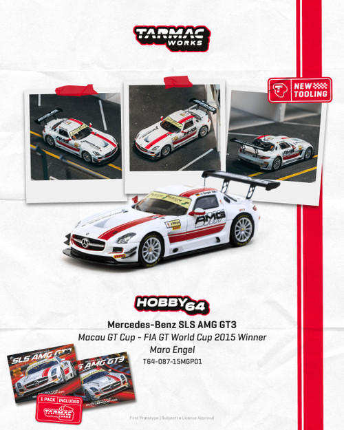 1/64 Tarmac Works Mercedes-Benz SLS AMG GT3 Macau GT Cup - FIA GT World Cup 2015 Winner Maro Engel Car Model with 1 Pack of 2 Collectible Trading Cards